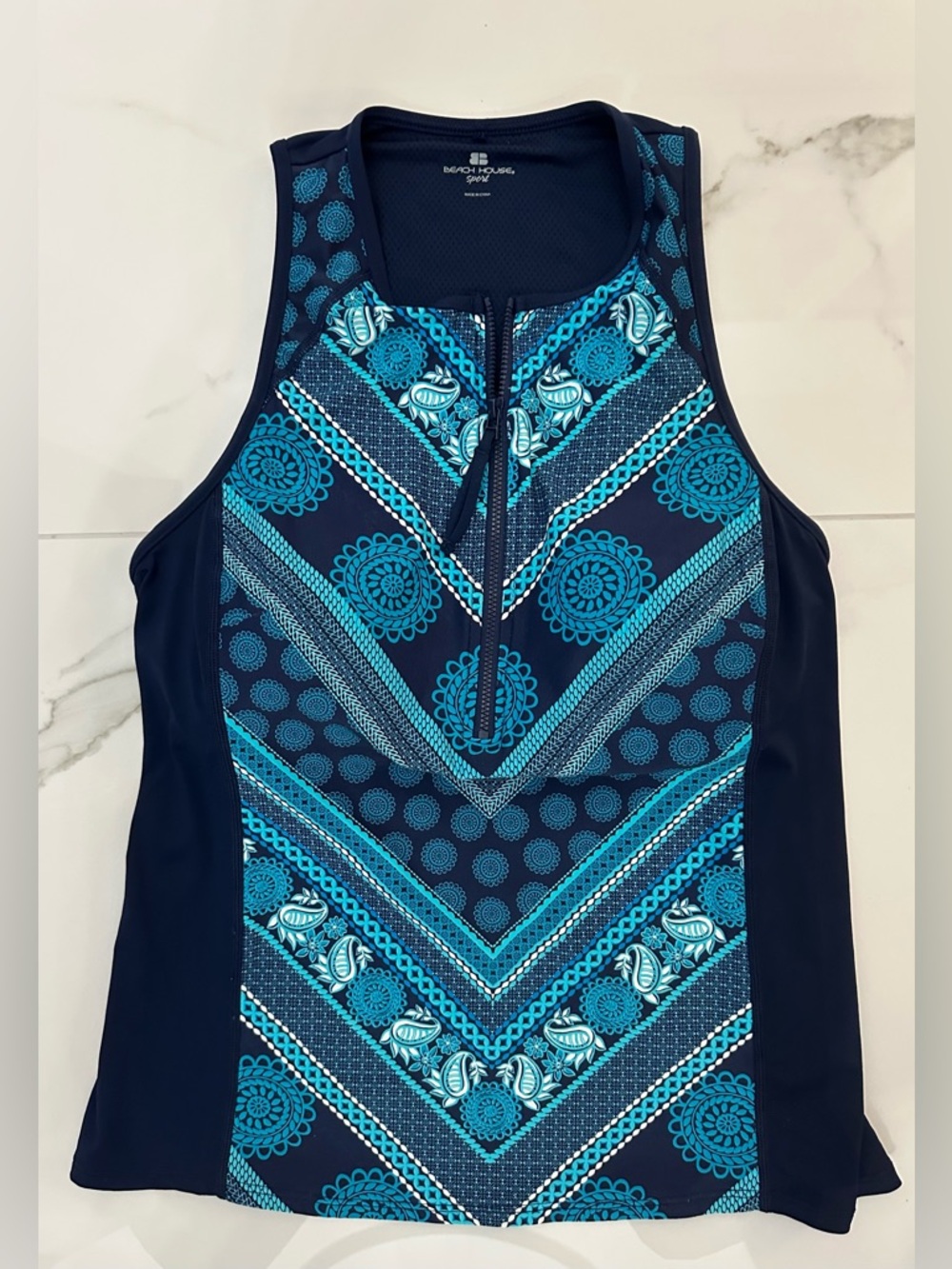 Beach House Sport Racerback Zip Front Tankini Top in Geo Print, Sz.S